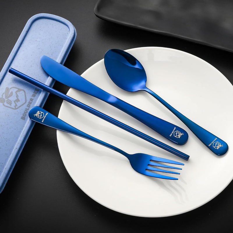 Boulder Bee | Travel Utensils Set | Reusable Camping Cutlery Set | Stainless Steel Flatware Set | Portable Silverware Set with Case | Includes Knife/Fork/Spoon/Straw/Cleaning Cloth/Case (Blue) - Image 2